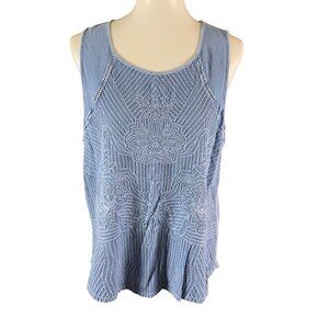 Lucky Brand Blue Embroidered Boho Peasant Sleeveless Top Festival Chic L